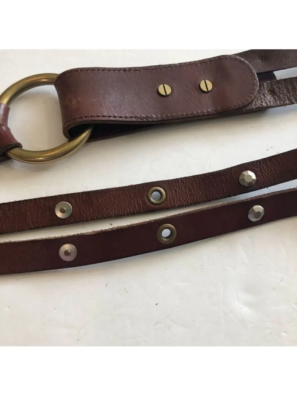 Fossil Size S vintage brown leather belt. Double strap ring closure studded